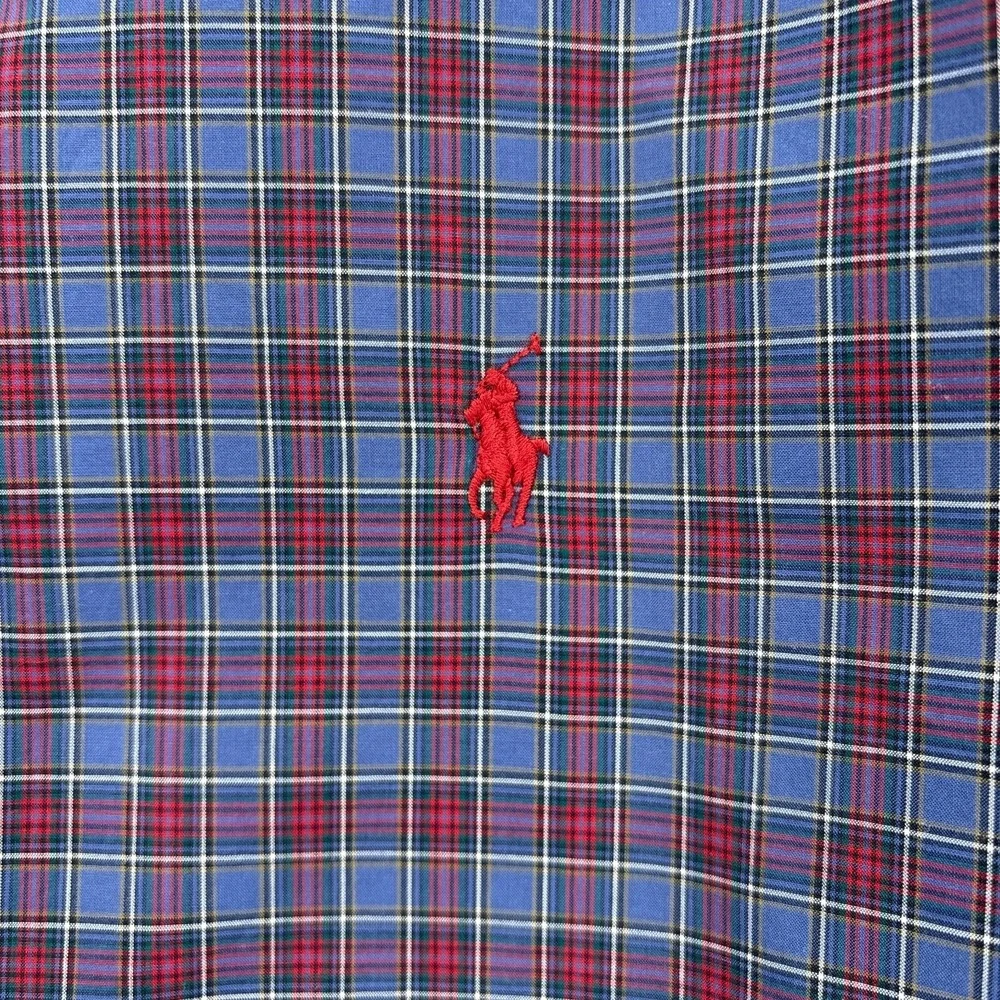 Ralph Lauren Shirt Mens Large Blue Red Plaid Button Up Tartan Cotton‎ Stretch